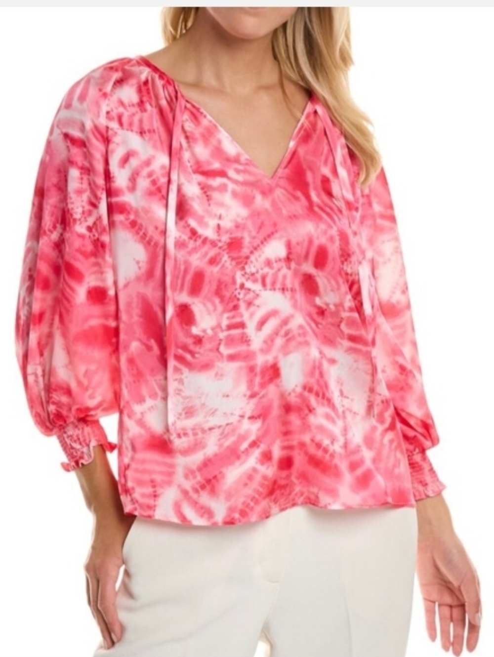 Ramy Brook Pink White Tie Dye Blouse Size S 3/4 Sleeve Boho Flowy Top NWOT